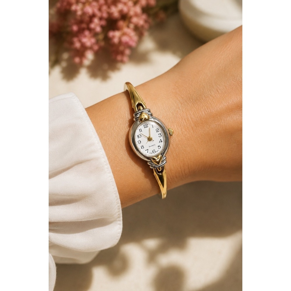 Avon Women's Two Tone Heart Bracelet Watch Quartz New Battery Working 5.5"